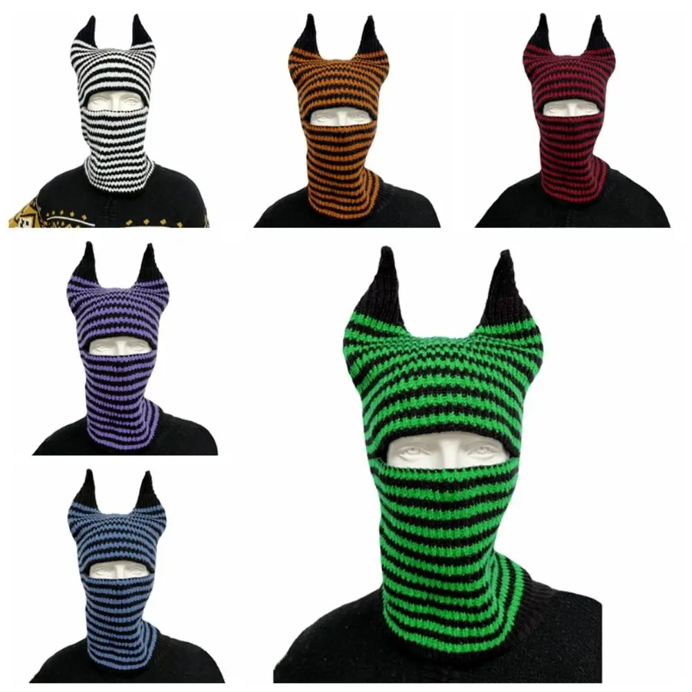 

Stripe Cow Horn Knitted Hat Multifunctional Cow Horn Versatile Headscarf Baotou Hat Letter Cap Warm Neck Cover Autumn