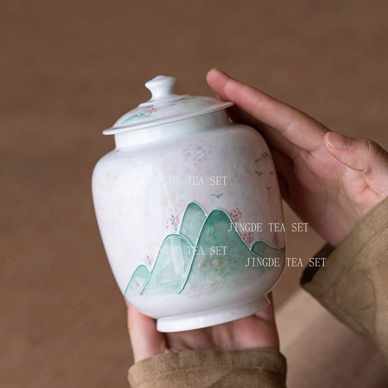 Ceramic Powder and Dai Hand-painted Remote Mountain Tea Sealed Jar Household Chinese Large Tea Moisture-proof Jar