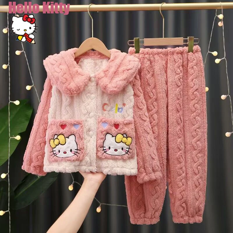 

Kawaii Sanrio Hello Kitty Cinnamoroll Kuromi My Melody Cartoon Children's Pajamas Cute Girls Fall and Winter Warm Homewear Suit