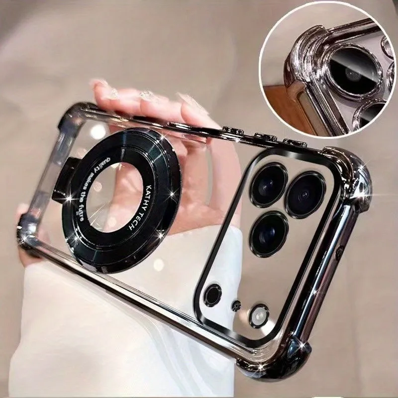 Premium Transparent Magnetic TPU Cover with Ring Stand and Plated Clear Design