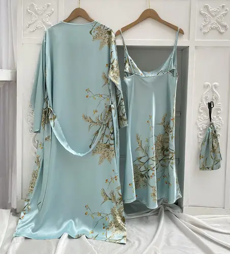 프린트 2pcs 로브 수면 정장, 여성 신부 기모노 목욕 가운 란제리 새틴 v 넥 잠옷 스트랩 나이트 가운 라운지웨어 2