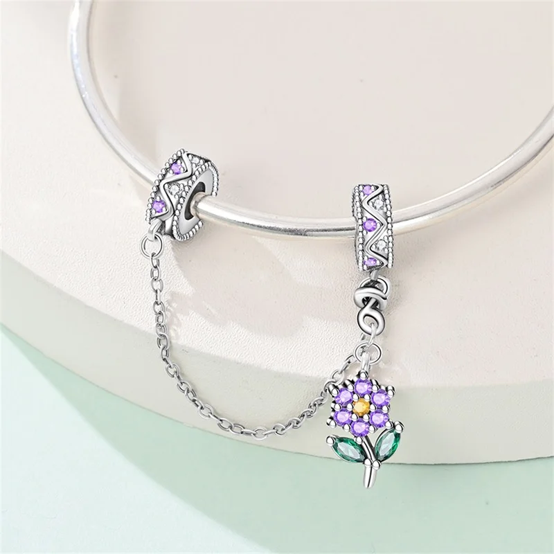 Sicherheitskette aus 925er-Sterlingsilber, Stern, Mond, Flugzeug, Erde, eingelegter Zirkon, Charms, Perlen, passend für Original-Armreif, DIY-Schmuck – Detail 37