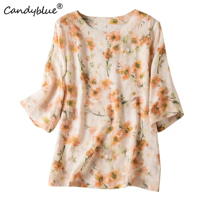 

Женская рубашка, новинка весны 2023, свободная повседневная футболка с круглым вырезом и принтом, пуловер с внутренней отделкой в стиле ретро, блузка, модная женская одежда, блузки