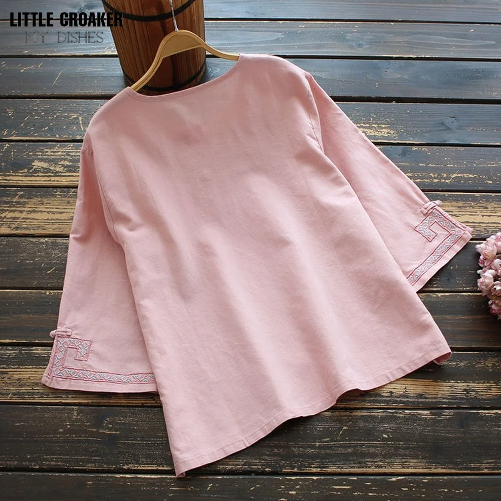 New Loose Large Shirt Women's Cotton Linen Shirt Retro National Style Top Round Neck Embroidered Chinese Traditional Blouse