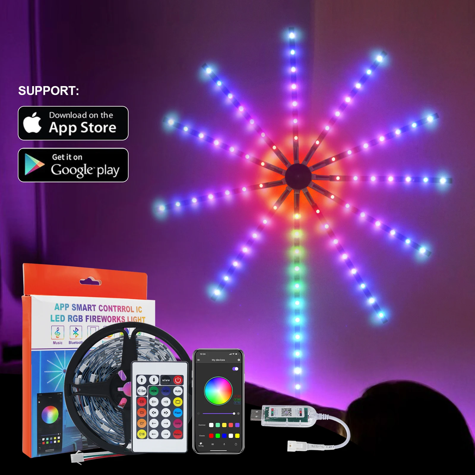

WS2812B Dream Color Changing Music RGB Firework Light 5V USB Bluetooth Smart APP Control Room Wall Party Holiday Decor LED Strip