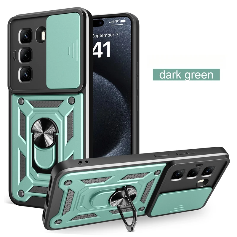 Shockproof Armor Case with Slide Lens Protection and Holder Ring Cover