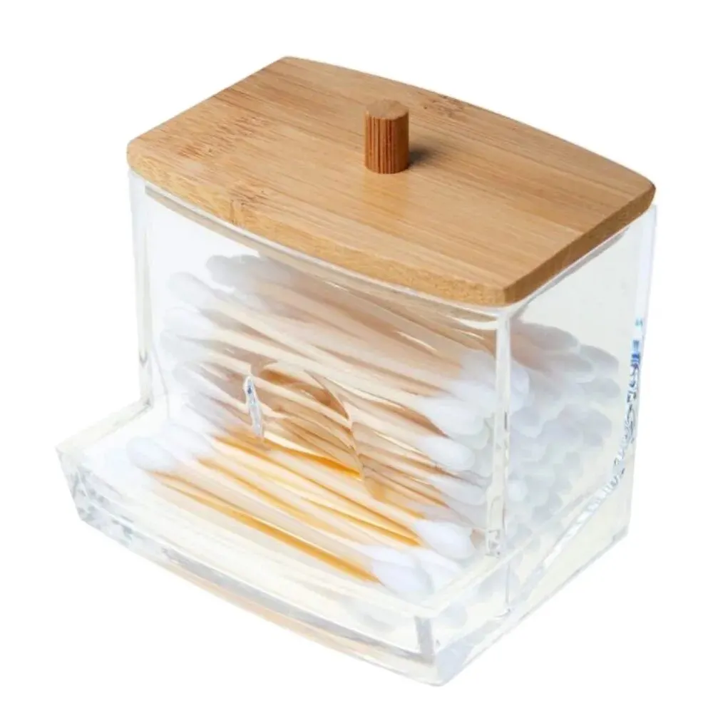 Cotton Swab Box Transparent Bamboo Cover