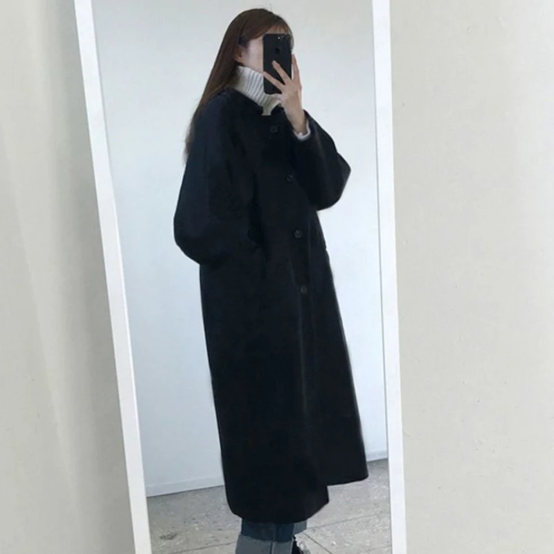 2023 New Women Winter Thicken Korean Mid-Length Woolen Coat Female Fashion Casual All-Match Parkas Loose Solid Color Outwear