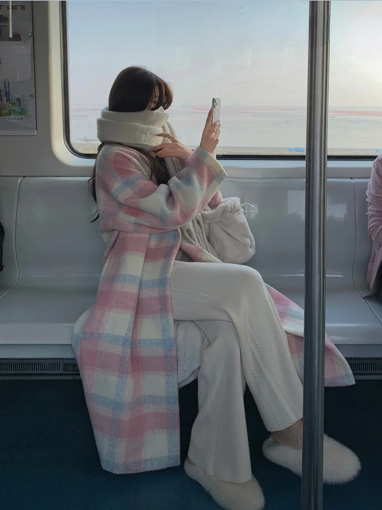 2023 Winter Regenboog Wollen Jassen Vrouwen Casual Warme Losse Geruite Lange Jassen Vrouwelijke Koreaanse Mode Kantoor Lady Trenchjacks Y 2K