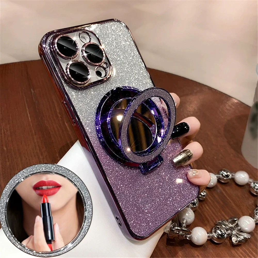 Glitter Gradient Mirror Phone Case with Bracelet - Soft Silicone Cover
