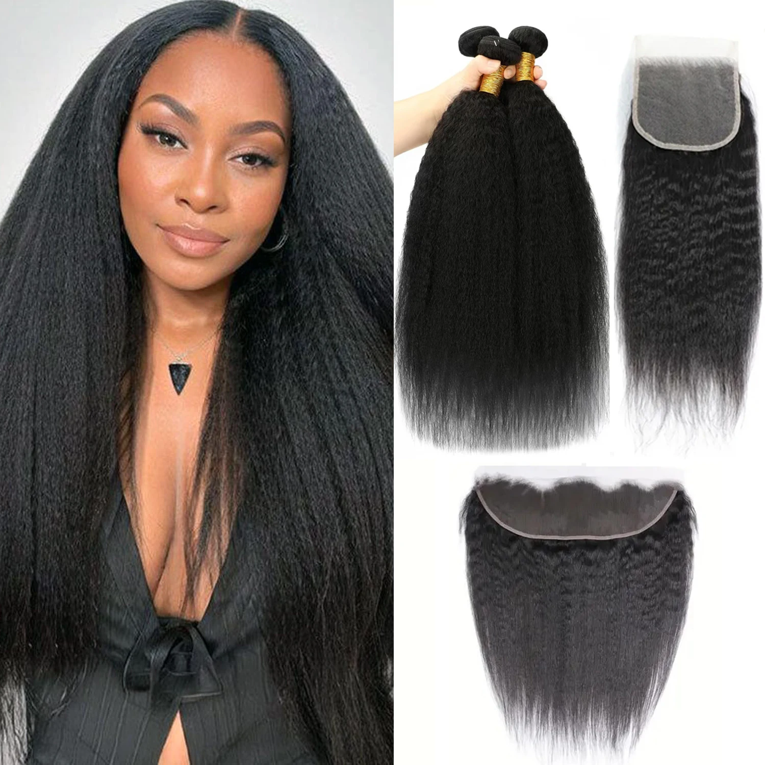 Kinky Straight Human Hair Bundles With 4x4 Lace Closure 12A Brazilian 100% Human Hair 13x4 13x6 Lace Frontal Only For Women 1