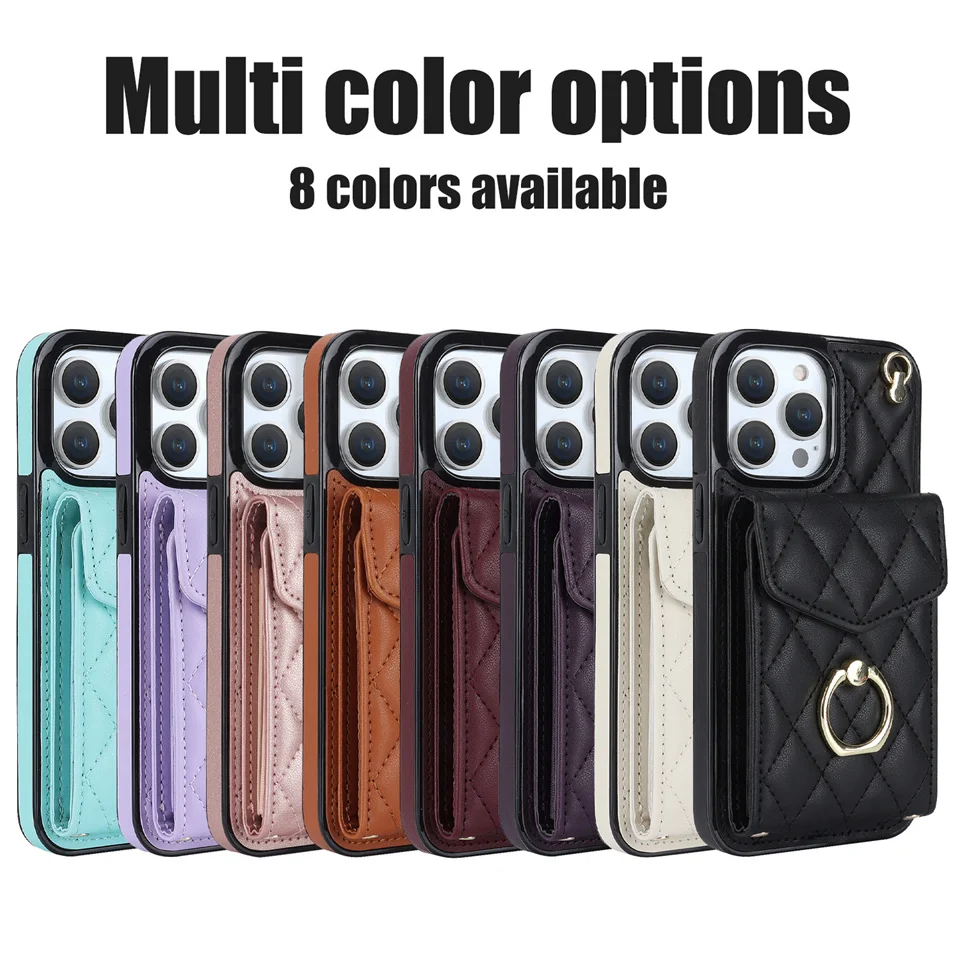 Lanyard Crossbody Multi Card Leather Wallet Case For iPhone 14 15 Pro Max 13 12 11 RFID Ring Holder Stand Cover