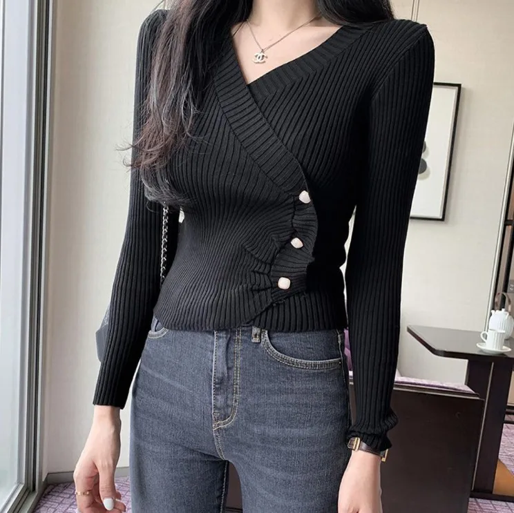 

Autumn New V-Neck Sweater Irregular Slim-Fit Long-Sleeved Bottom Knit Woman