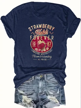 Harajuku Strawberry Fields Forever Letter Print Women T Shirt Short Sleeve Crew Neck Summer Casual Top for Women Clothes Shirts 1
