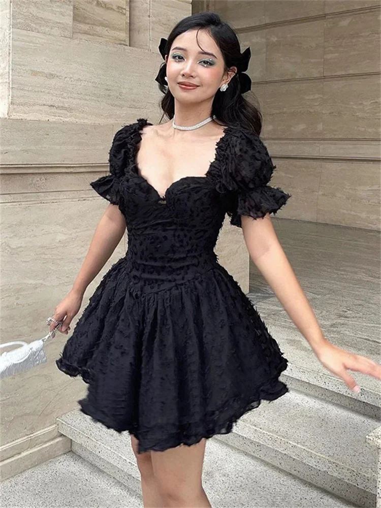 

Sexy V-neck Bubble Sleeves Slim Fit Puffy Dress 2024 Women Club Party Elegant Princess Dress Summer Vintage Dark Bodycon Lolita