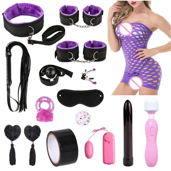 1Set BDSM Restraint Fetish Collar Handcuff Bondage Whip Vibrator Nipple Mouth Gag Eye Mask Kit Adult Sex Toys for Women 6
