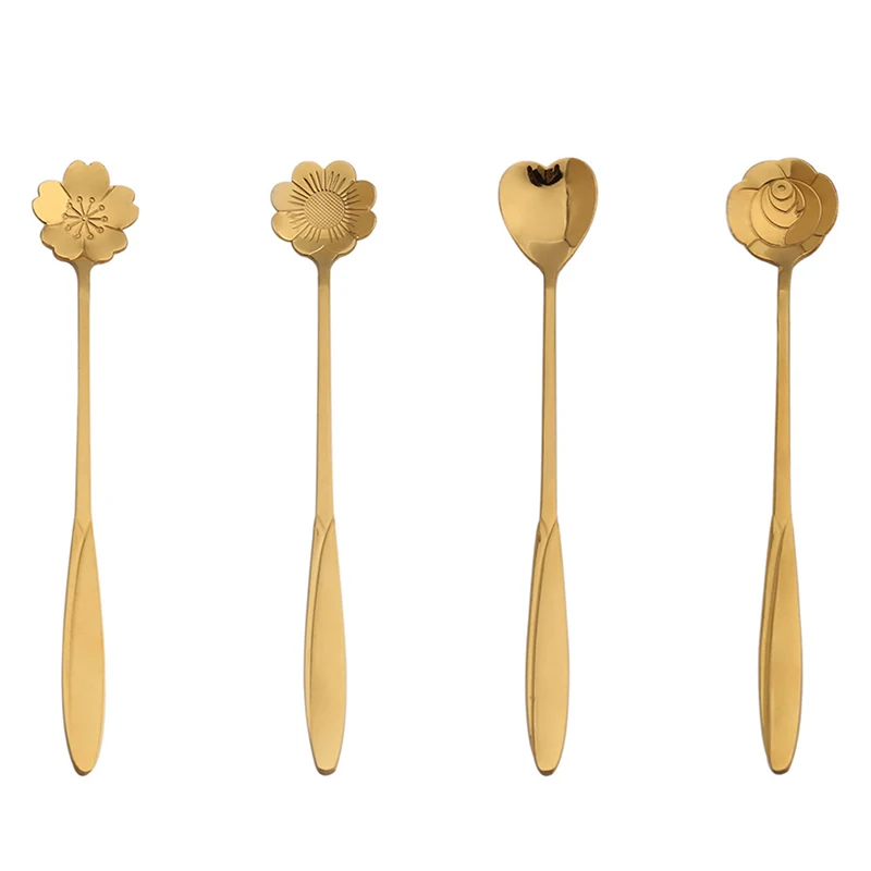 Mixing Spoons Small Flower Teaspoon Stainless Steel Coffee Spoon Cute Ice Cream Dessert Spoon Kitchen Accessories 4Pcs/Set