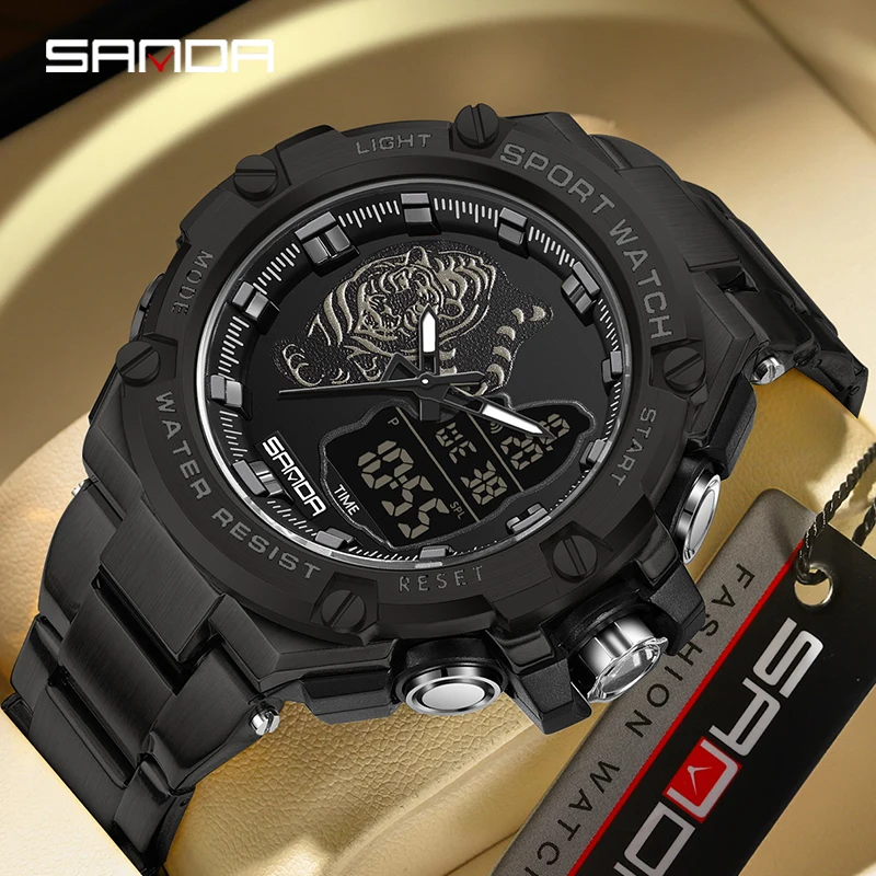 

SANDA Men's Outdoor Sports Watches Multifunctional Dual-display Electronic Watch Stainless steel LED Digital Quartz Wrist watch