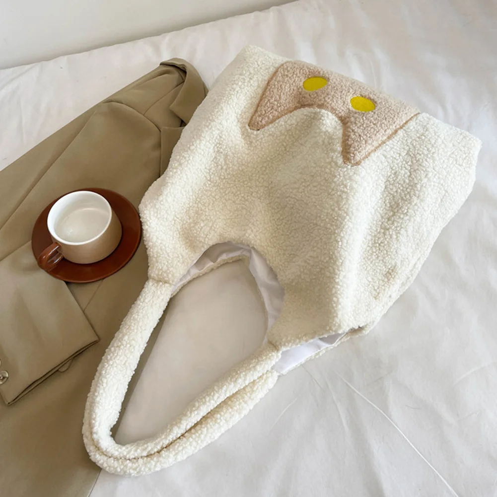 Lambs Wool Plush Tote Bag for Women Cute Cat Shoulder Bag