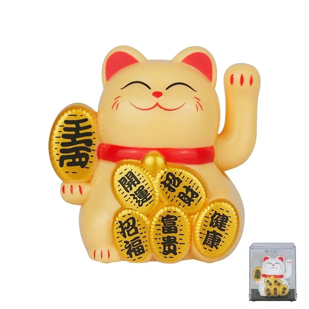 Solar Powered Maneki Neko Lucky Cat Welcoming Chinese Lucky Cat Waving Hand Beckoning Fortune Figurines For Home Decor