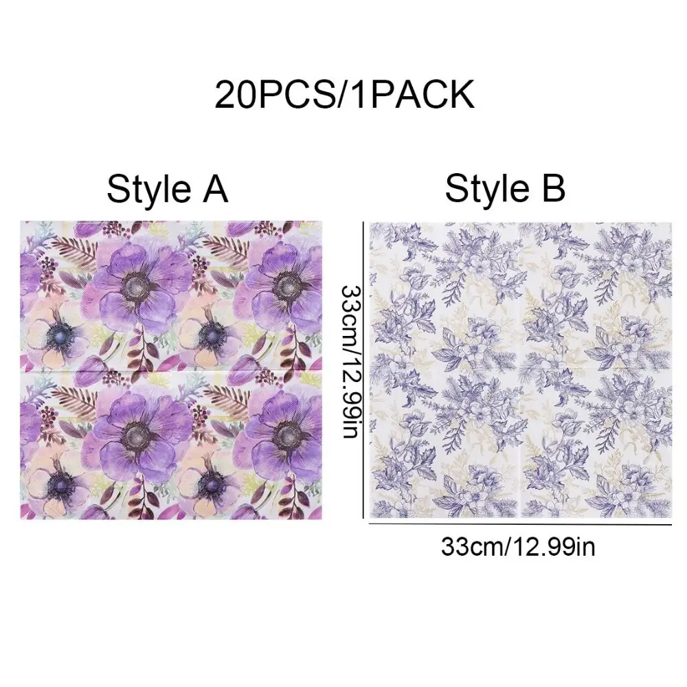 2PACKS 33x33cm Flower Printed Dinner Paper Disposable Vintage Paper Placemat Purple Napkin Tissues Table Napkins