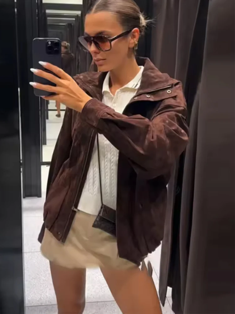 TFMLN Autumn Winter Women's Suede Jackets Fashion Loose Long Sleeves Elegant Warm Coat Chic Street Leisure Zipper Coats