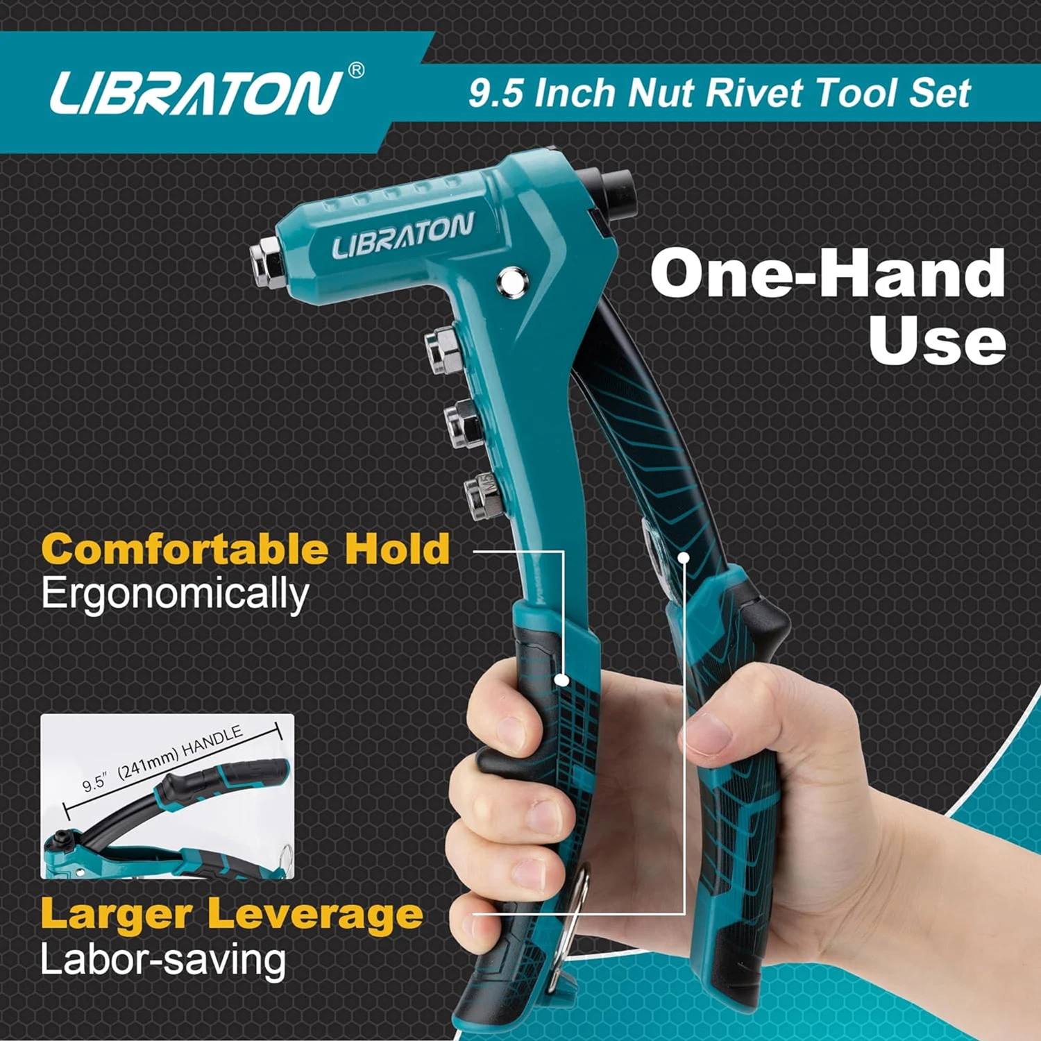 LIBRATON One-Handed Rivet Nut Gun, Rivet Nut Tool Kit with 40PCS Threaded Rivet Nuts, Metric Interchangeable Mandrels 4PCS 2