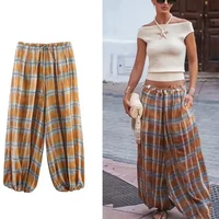Women's 2025 Autumn Fashion Versatile Bloomers Plaid Printed Loose Pants Female High-Waist Drawstring Casual Trousers