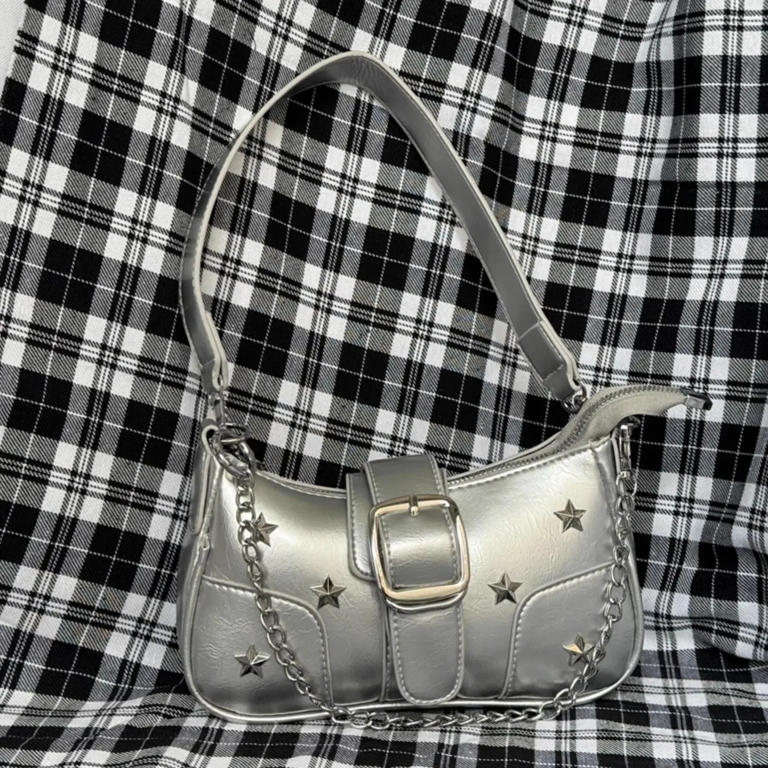 JIAERDI Hot Girl Silver Harajuku Handbag Women Star Studded Leather Buckle Shoulder Bags Ladies Y2k Aesthetic Crossbody Bag Chic