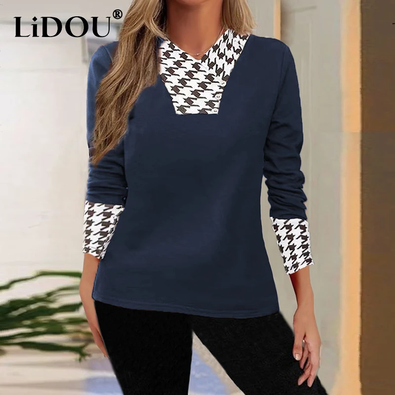 

Spring Autumn Houndstooth Patchwork Loose Casual T-shirt Women's Long Sleeve Simple Fashion Bottoming Top Ladies Pullover Tee