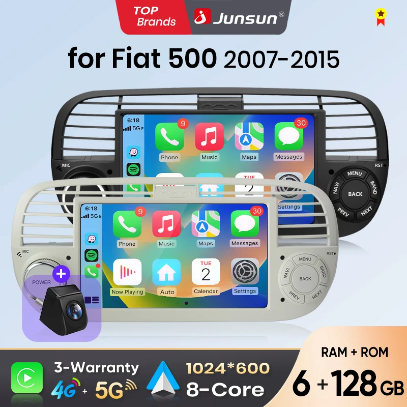 Radio para Auto Junsun de 7 Pulgadas con CarPlay Inalámbrico y Android Auto para Fiat 500 500C Abarth 2007-2015, Sistema Multimedia Inteligente con Apple CarPlay Inalámbrico, Pantalla Táctil IPS, Reproductor de Video Estéreo, Autoradio 2 Din, Navegación, BT, GPS, 4G, WIFI, FM, AM, DSP, RDS, SWC 1