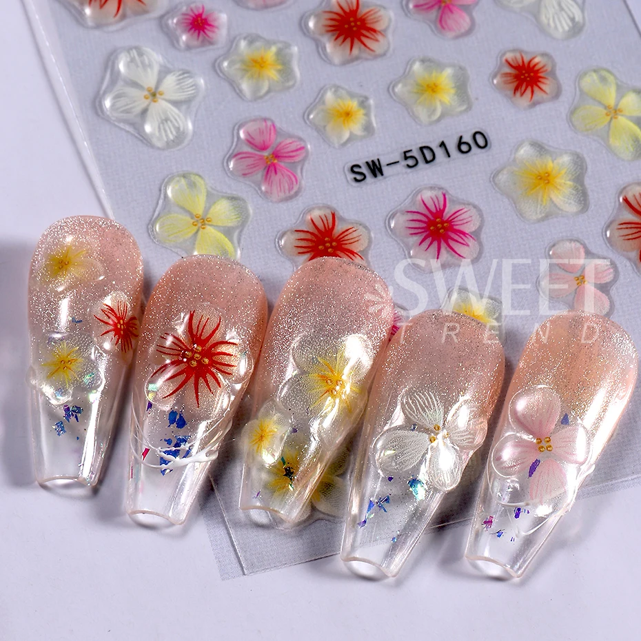 5D Orchid Rose Flower Nail Sticker Decals Simple Floral Embossed DIY Self-adhesive Nail Art Slider Supplies DIY Manicure Decor