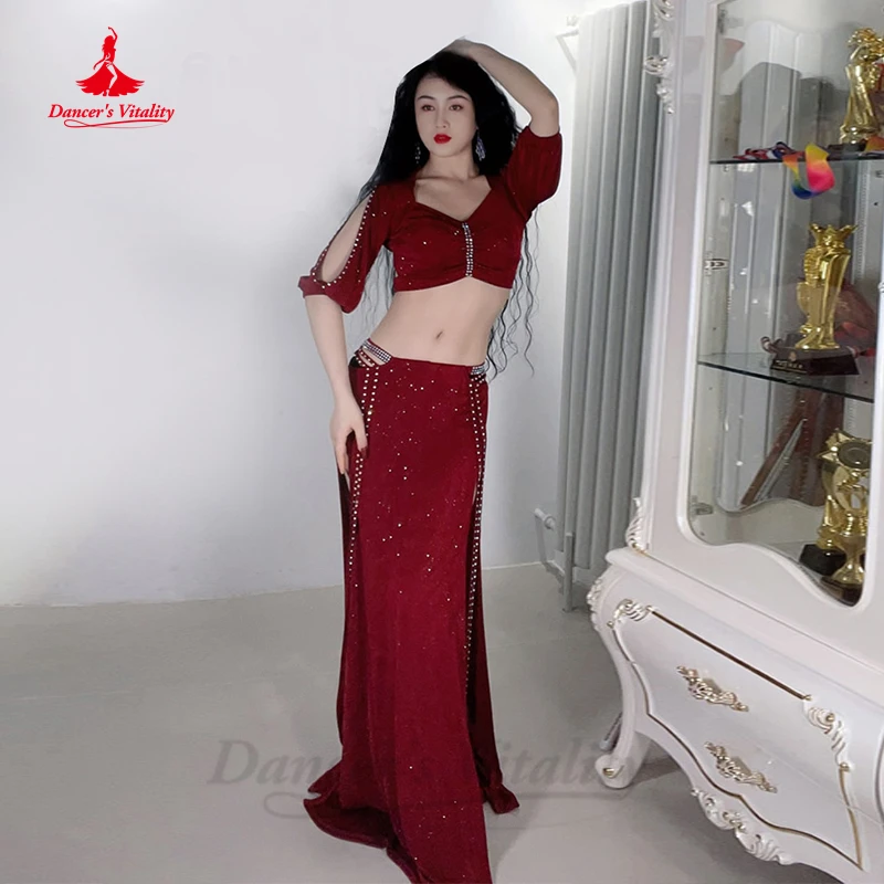 

Belly Dance Costume Suit for Female Oriental Half Sleeves Top+AB Stones Split Long Skirt 2pcs Women Belly Daner's Stage Outfit