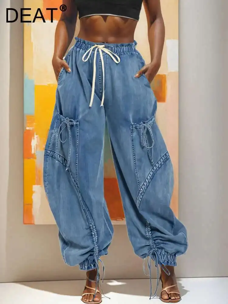DEAT Fashion Women's High Elastic Waist Jeans Drawstring Bandage Design Loose Straight Wide Leg Denim Pants 2024 Autumn 11A0731