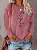 Haut à manches longues pour femmes, col rond ample, couleur unie élégante, t-shirt en polyester tricoté, mode automne et hiver, motif cœur 1