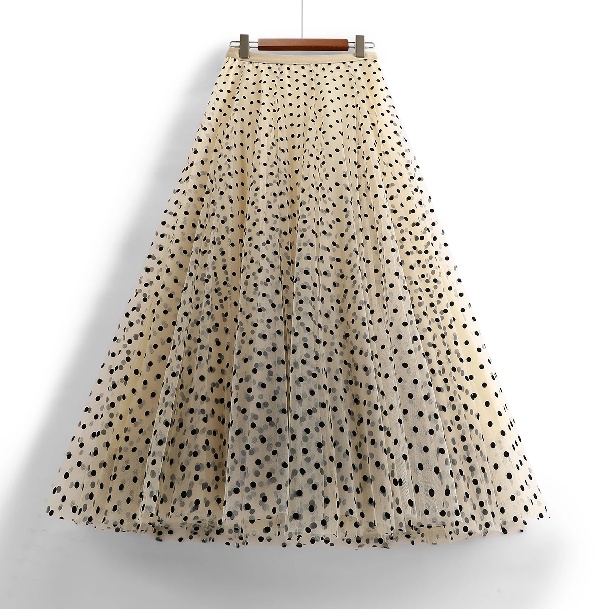 

TAFN 3 Layers Mesh Ball Gown Skirt 2023 New Year Polka Dot Pleated Voile Beige Black Skirt Women Chic Long Tulle Ins Tutu Skirt