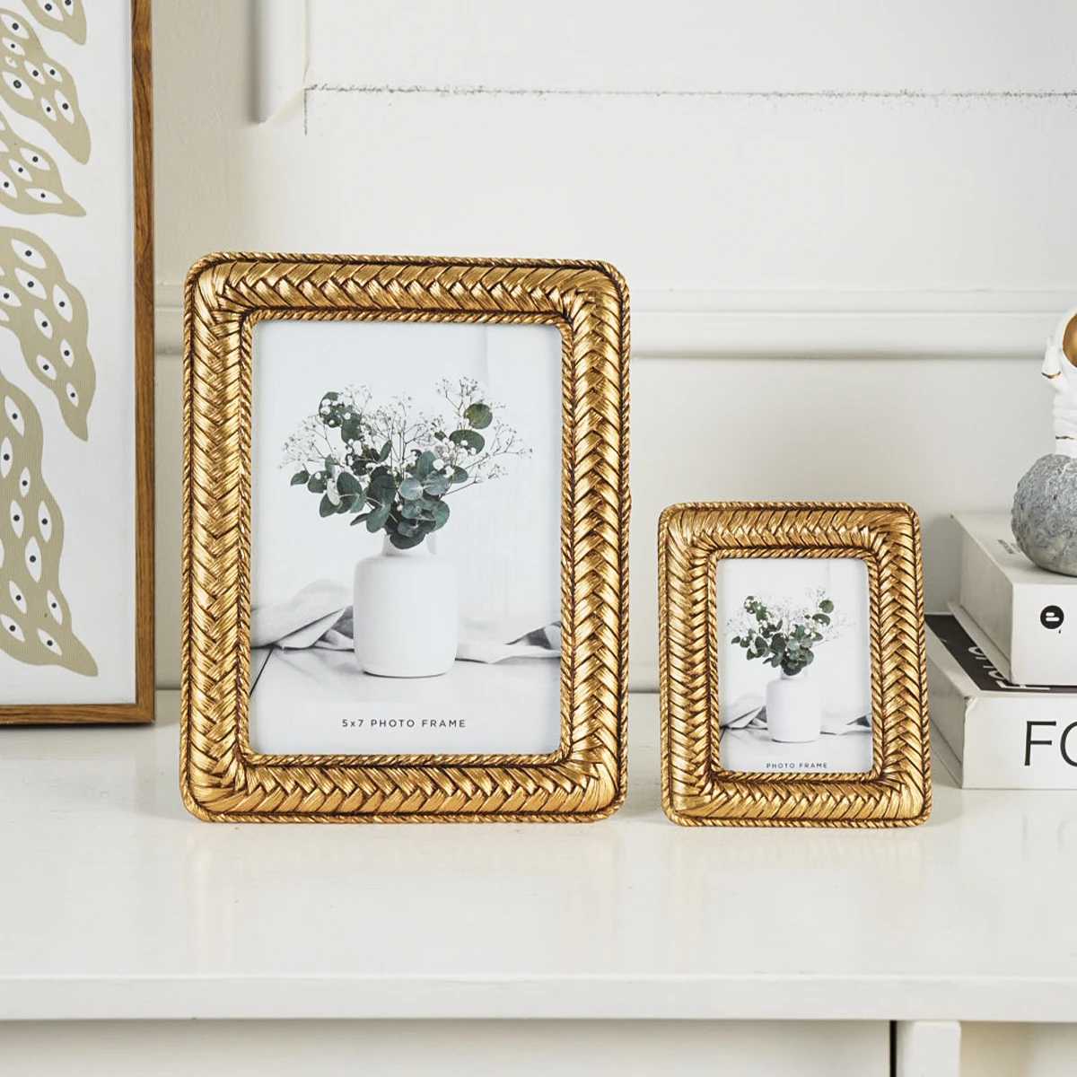 1PC, a photo frame made of resin with a golden woven pattern frame decoration, available in multiple styles