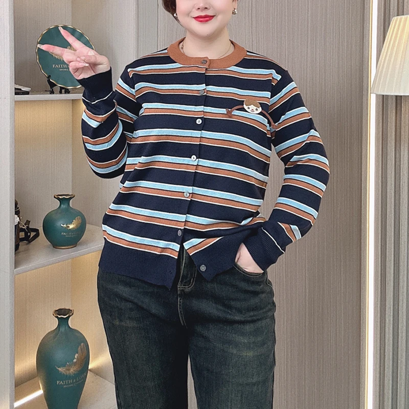 Women Plus Size Jumpers Autumn Winter Striped Knit Cardigan Loose Casual Embroidered Long Sleeve Sweater 4076