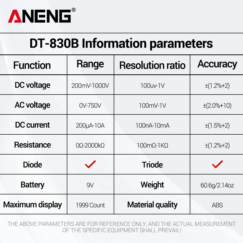 Multimètre numérique ANENG DT-830B 1999 comptes - Testeur tension courant résistance AC/DC