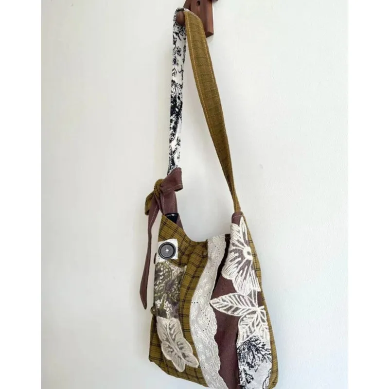 JIAERDI Vintage Lace Large Capacity Handbag Women Retro Patchwork Canvas Casual Shoulder Bags Ladies Versatile Y2k Bags Сумка