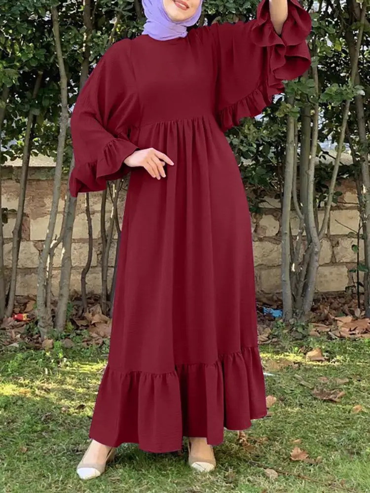 Muslim Middle East Women Dresses Turkey Dubai Loose Casual Female Robe Islam Eid Mubarak Solid Color Large Hem Ladies Robe
