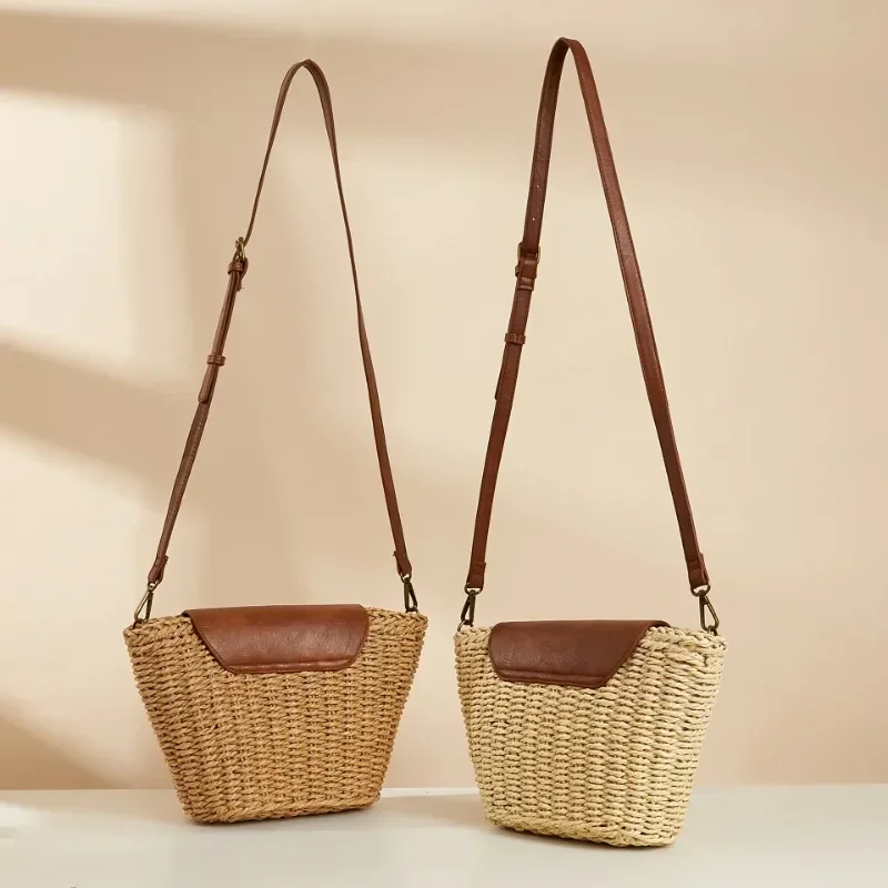 Summer Casual Small Handmade Paper Woven Crossbody Bag for Women Bohemia Travel Bucket Beach Bag Female Shopper Tote Bolsa