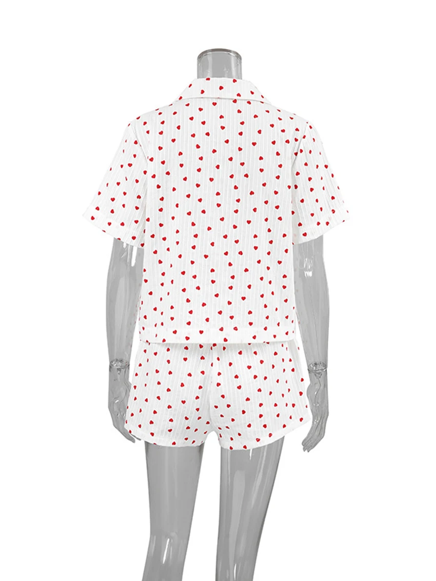 Marthaqiqi Printing Women Nightgowns Suit Sexy Turn-Down Collar Short Sleeve Pajama Crop Top Sleepwear Shorts Ladies Nightie Set