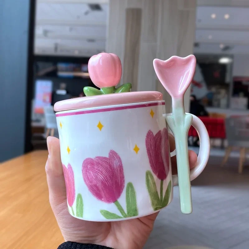 Tulip Water Cup with Cover Spoon Mug Household Ceramic Water Cup