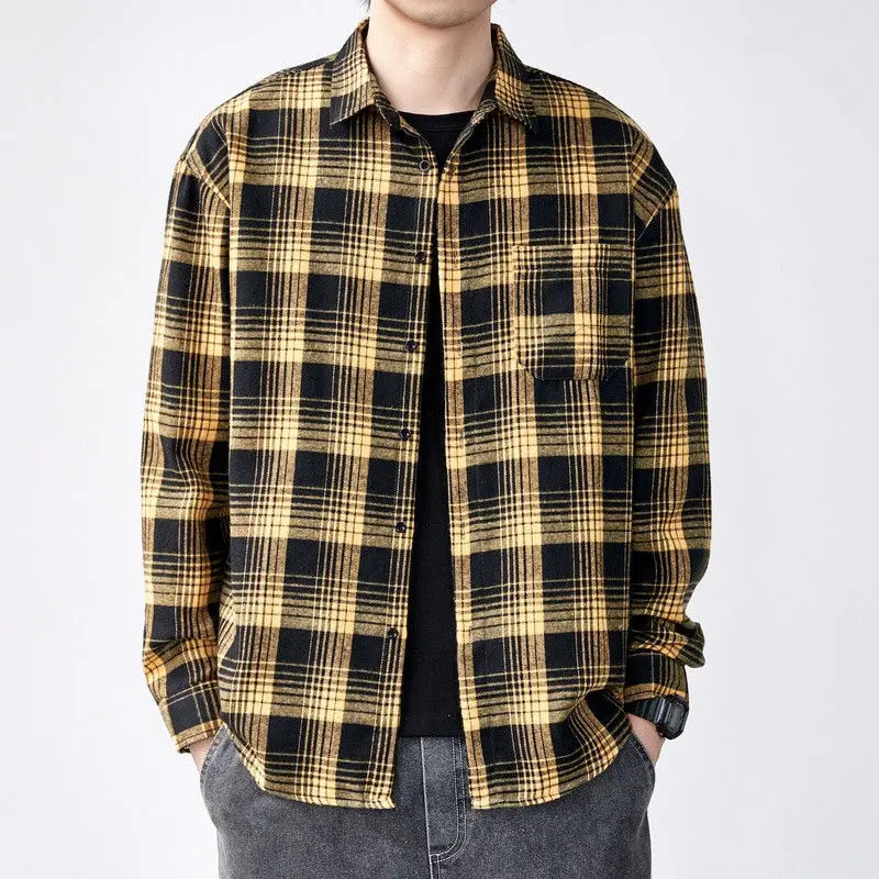 Spring Autumn New Men's Fashion Polo-Neck Pockets Single-breasted Plaid Spliced Long Sleeve Loose Casual Commuter Shirt Tops