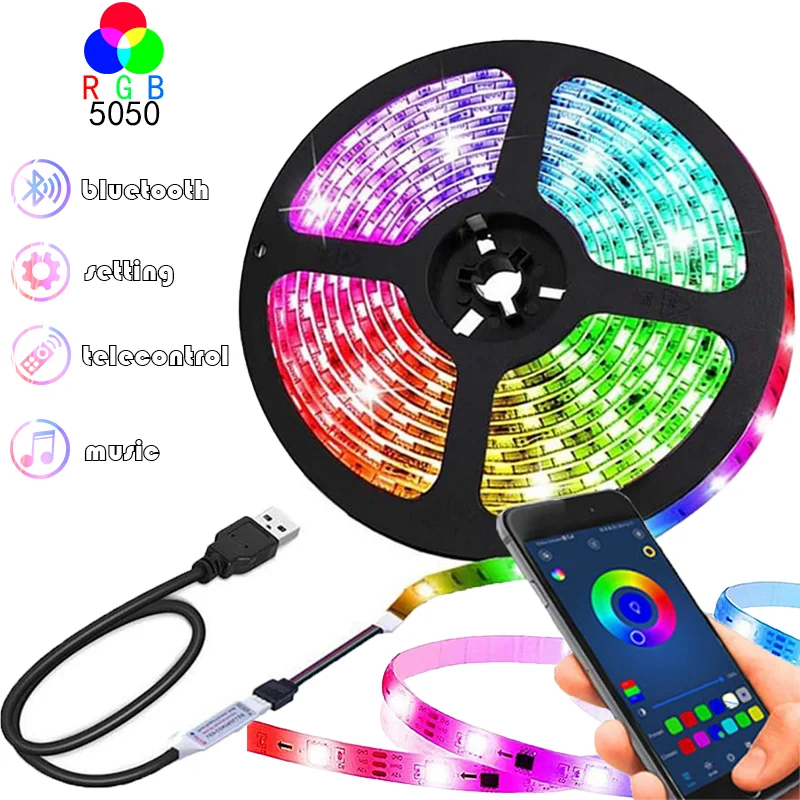 

LED Strip Light RGB Color USB Tpae Bluetooth LED Strip Bedroom Decoration 5050 1m 2m 3m 4m 5m 10m 15m TV LED Backlight For Door