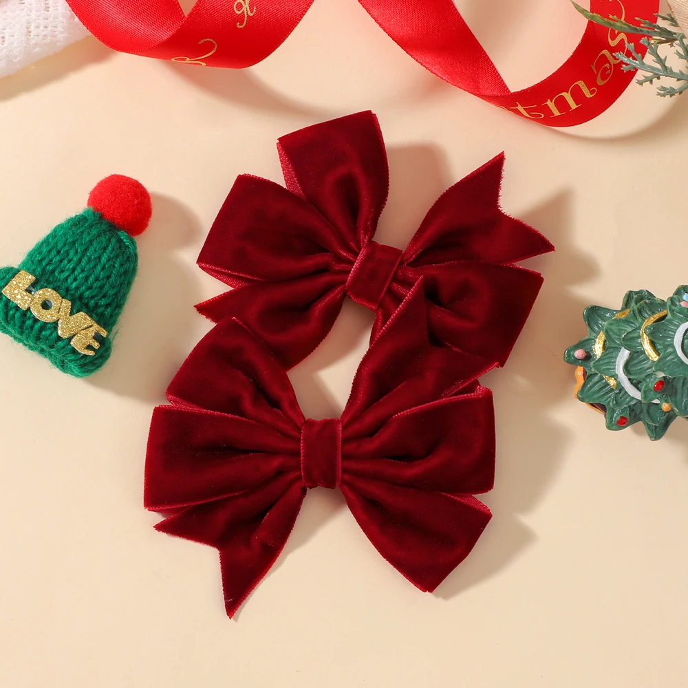 2 Teile/satz Samt Bogen Mädchen Haar Clip Süße Retro Rot Grün Weihnachten Bogen Haar Clip Handgemachte Kopfbedeckungen kinder Haar zubehör