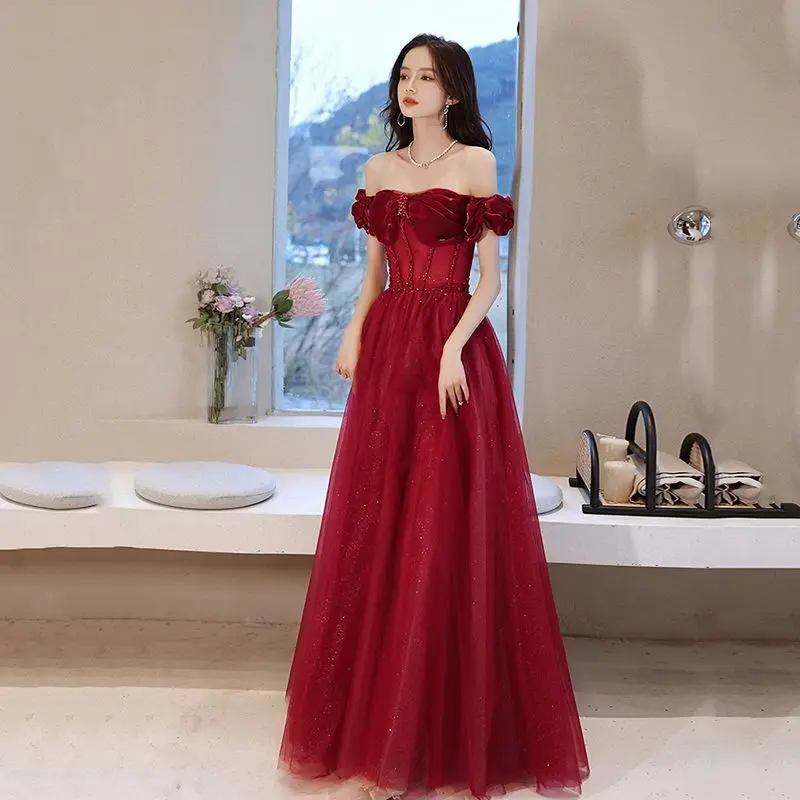 New wine sweat off shoulder lady girl women princess bridesmaid banquet prom party performance dress gown