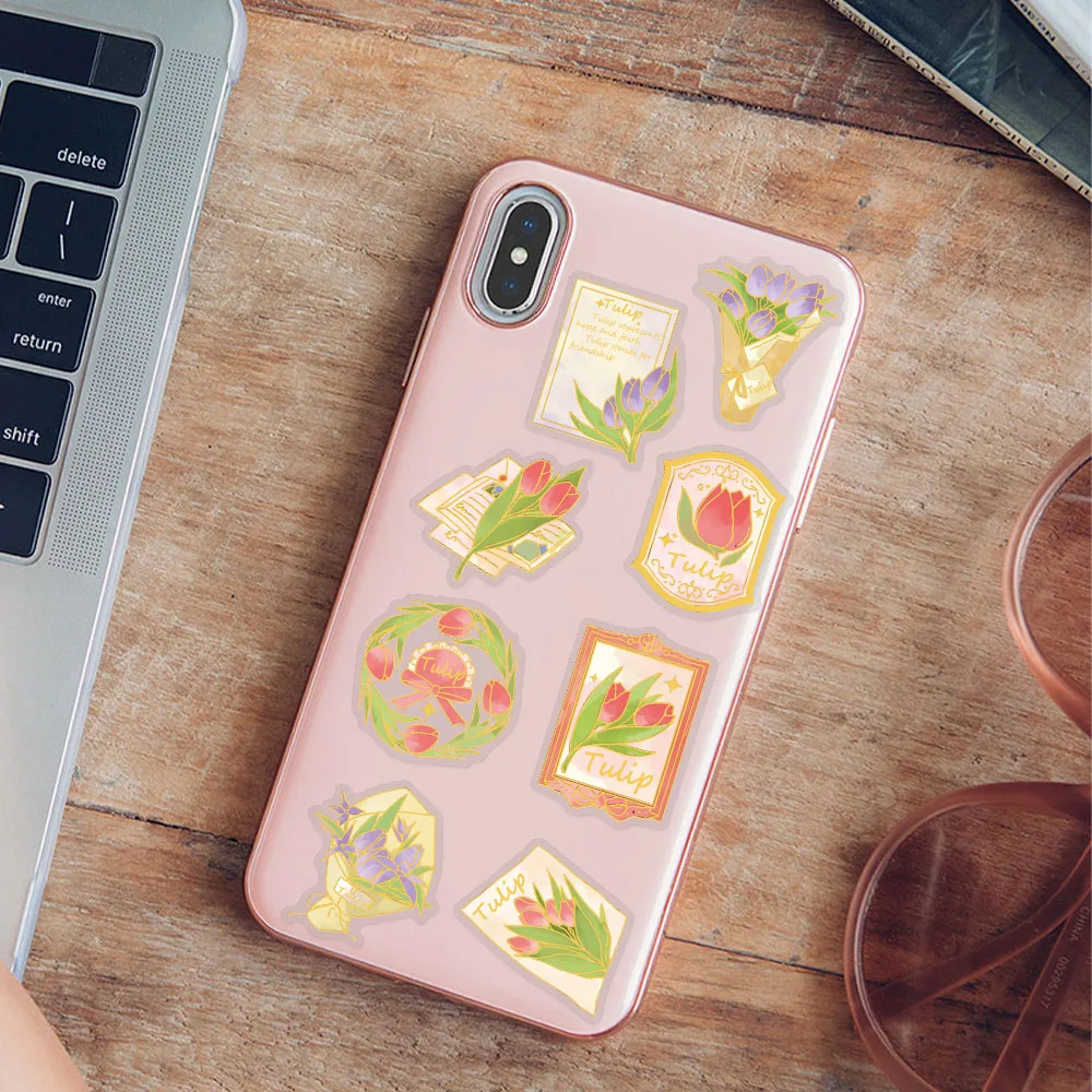50개 튤립 위스퍼 골드 스탬핑 PET 스티커 데칼 (휴대폰, 스크랩북, 스케이트보드, 여행 가방, 헬멧 DIY, 미적 감각 스티커)