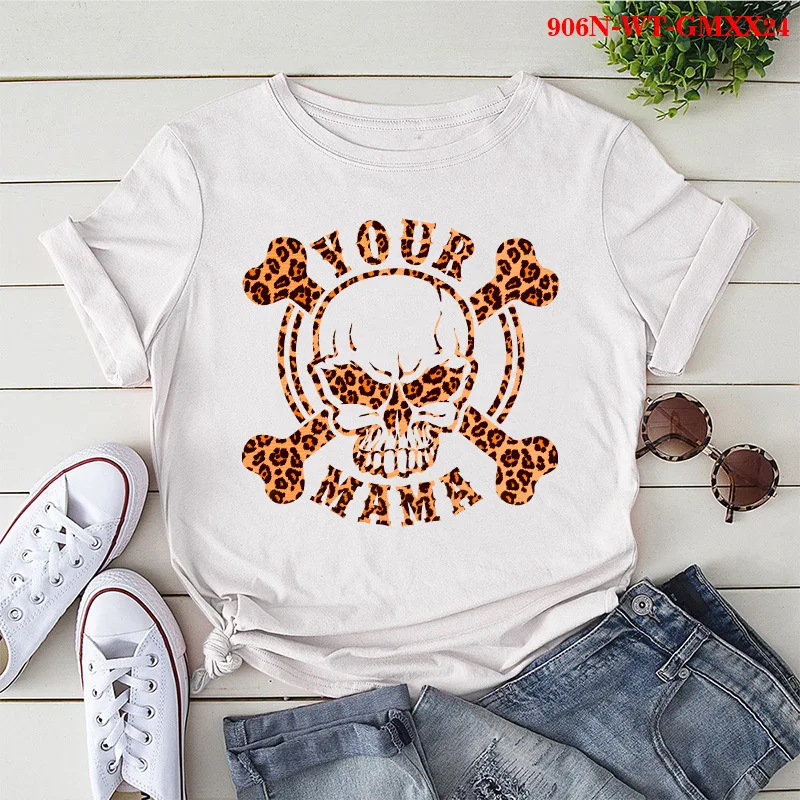 

Your Mama Leopard Skull Head Print Women T Shirt Short Sleeve O Neck Loose Women Tshirt Ladies Tee Shirt Tops Camisetas Mujer